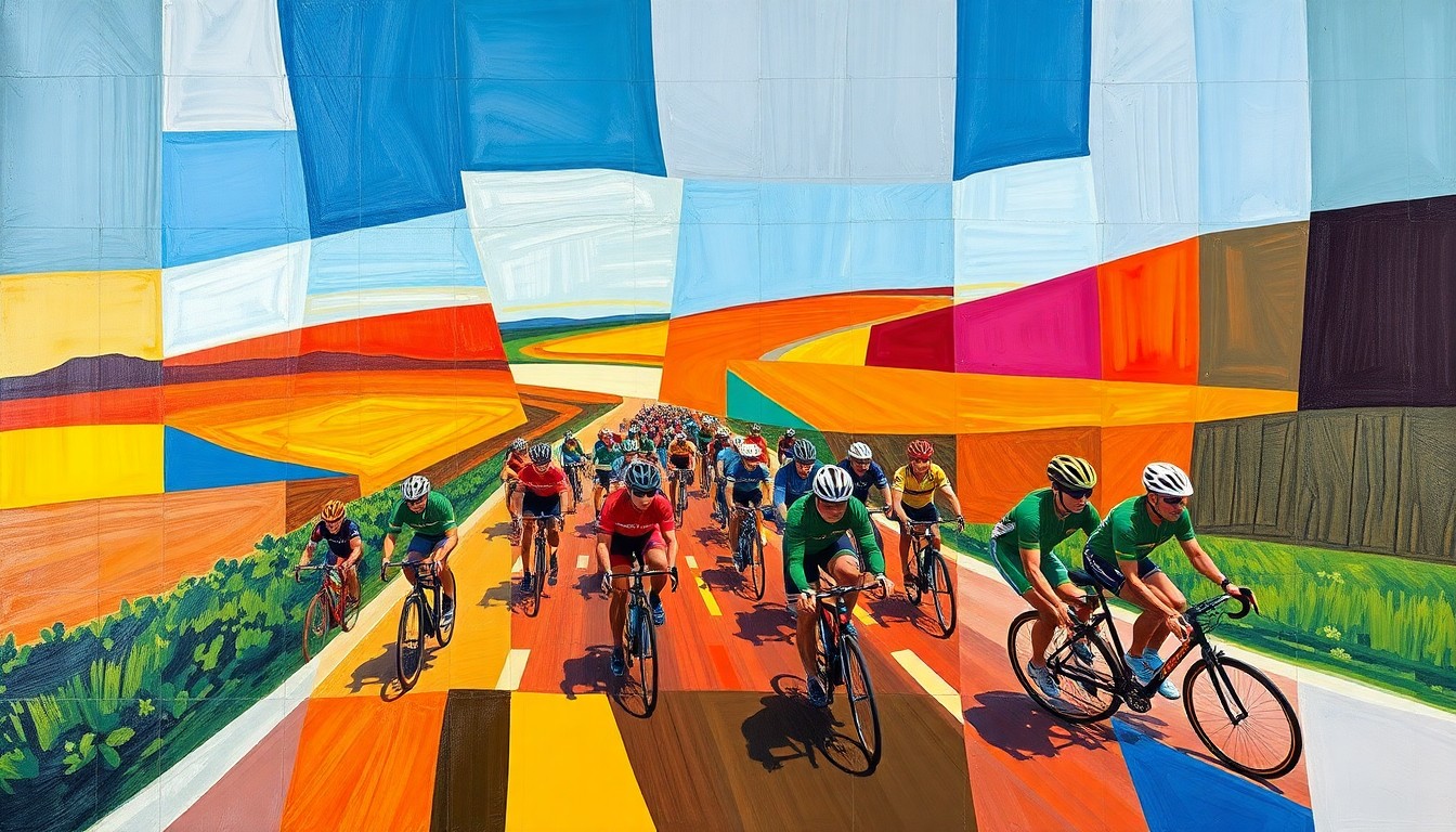 A fractured, multi-perspective painting depicting a cycling peloton winding through a geometric landscape of bright colors and sharp, overlapping planes, capturing the energy and movement of the RAGBRAI event.