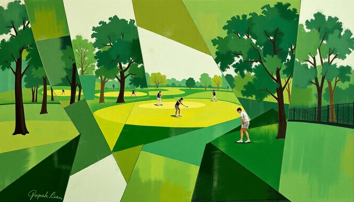 A cubist, geometric painting depicting a girls golf tournament, with overlapping planes of green, brown, and white shapes representing the players, the course, and the competition.