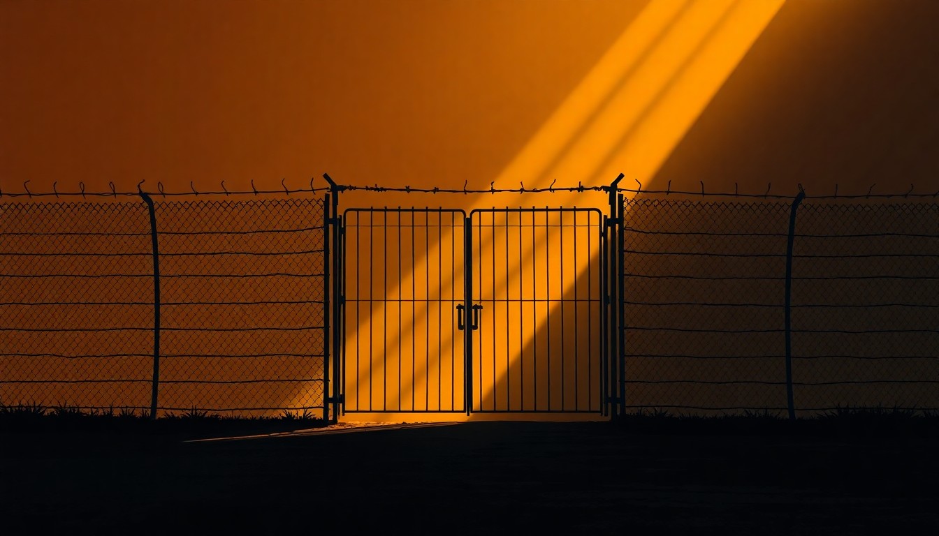 A cinematic painting of a solitary barbed wire fence or detention center gate, bathed in warm, diagonal sunlight and deep shadows, conceptually representing the somber mood and troubling findings of the inspection report.