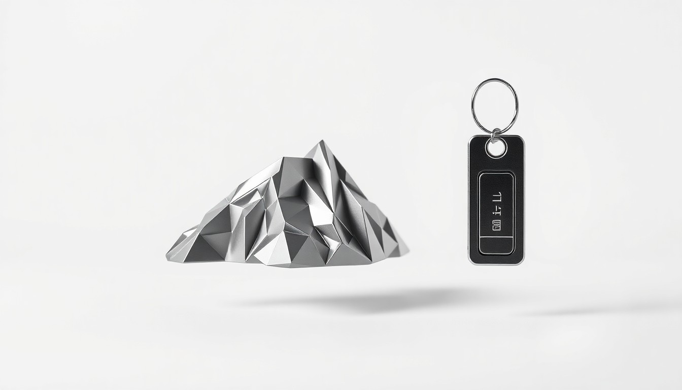 A minimalist studio still life featuring a polished metal mountain peak sculpture and a sleek hotel room key, symbolizing the merger of the ski resort and hospitality industries.