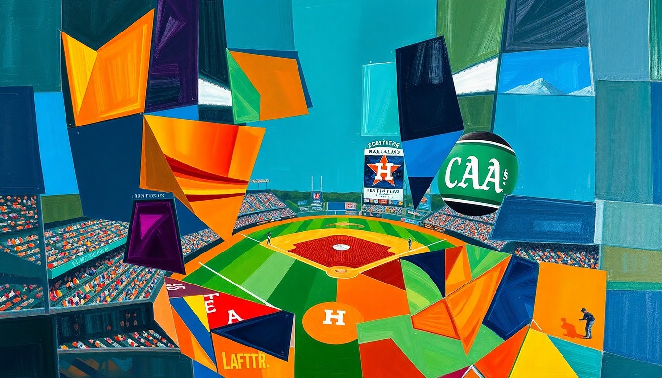 A fractured, multi-perspective painting breaking down a baseball game between the Houston Astros and Oakland Athletics into sharp, overlapping geometric planes of vibrant colors like deep blues, bright oranges, and rich greens.