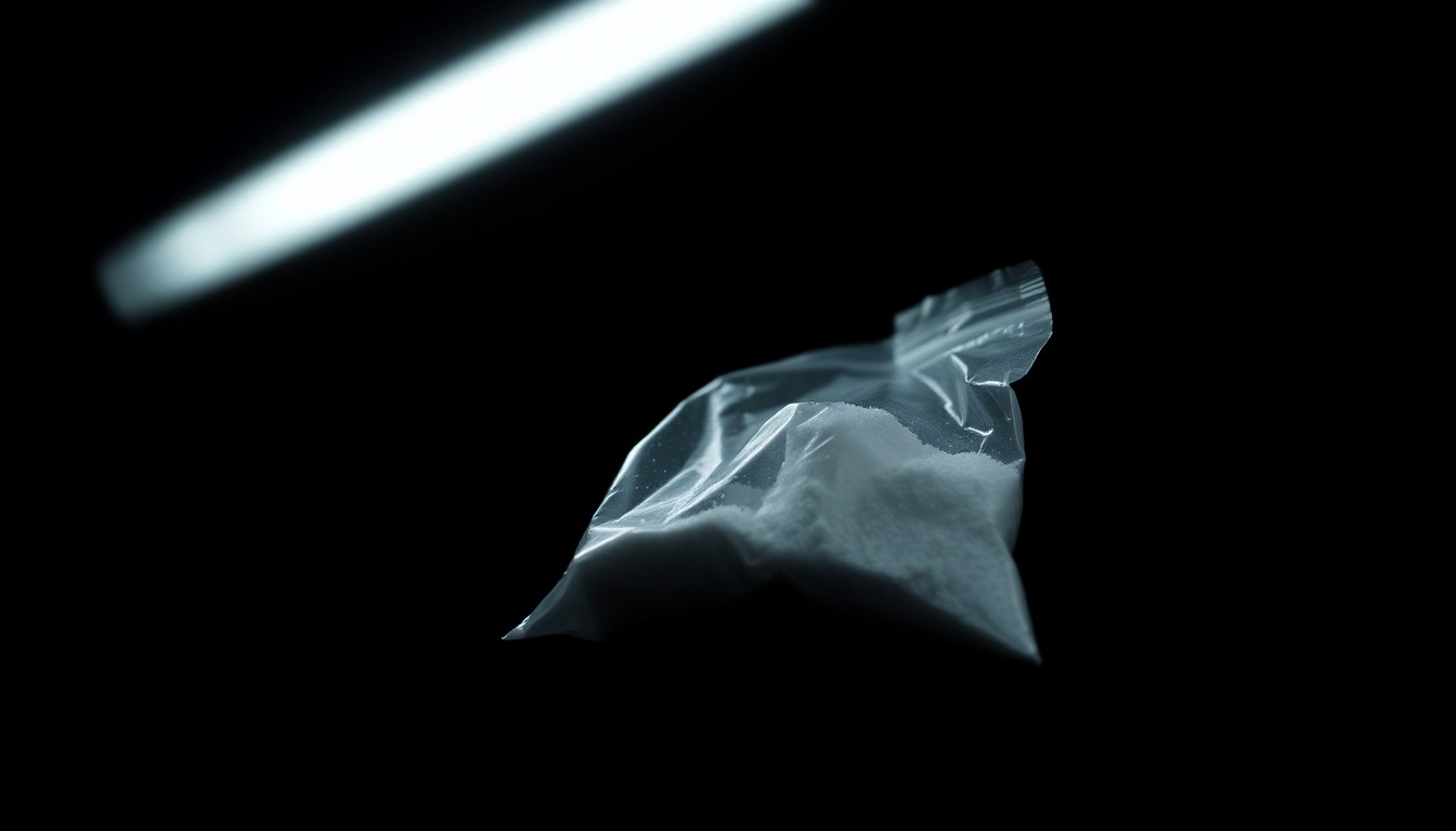 An extreme close-up photograph of a small plastic bag containing a white powdery substance, lit by a harsh, direct camera flash against a pitch-black background, conceptually illustrating the dangerous presence of fentanyl in the jail.
