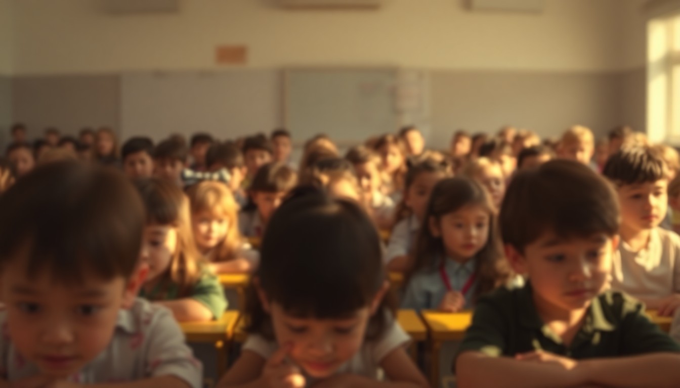 An abstract, impressionistic scene of a blurred classroom setting, with students' figures barely visible through layers of soft, hazy light, conceptually representing the difficulties in implementing education policy reforms.