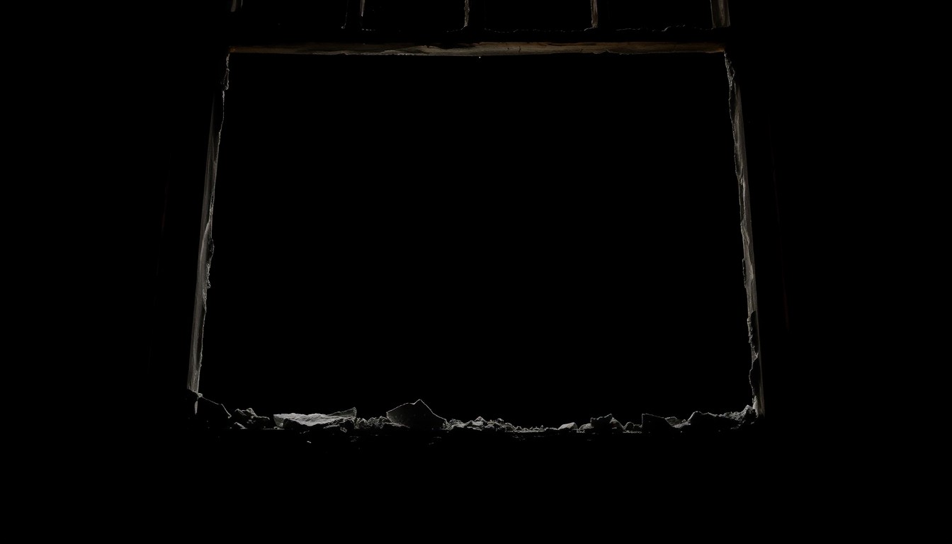 An extreme close-up photograph of a charred church window frame, the glass shattered and blackened, against a pitch-black background, conceptually representing the aftermath of a suspected arson attack on a place of worship.