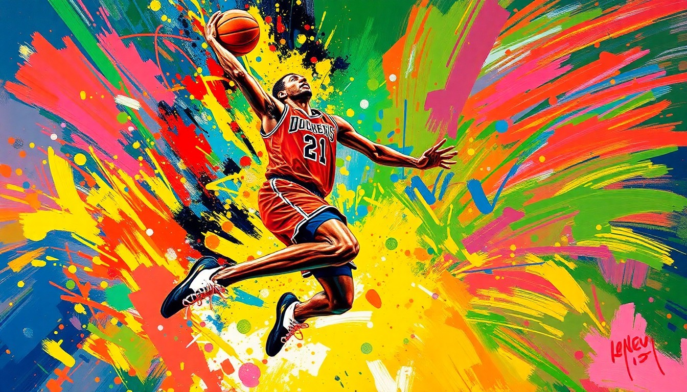 An abstract, energetic painting in bright neon colors depicting the dynamic motion of a basketball player in mid-jump, their features obscured by the expressive brushstrokes.