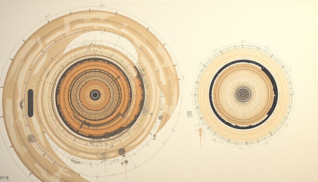A highly structured abstract painting in soft, earthy tones featuring sweeping geometric arcs, concentric circles, and precise botanical spirals, conceptually representing the complex physiological adaptations of the human body to the space environment.