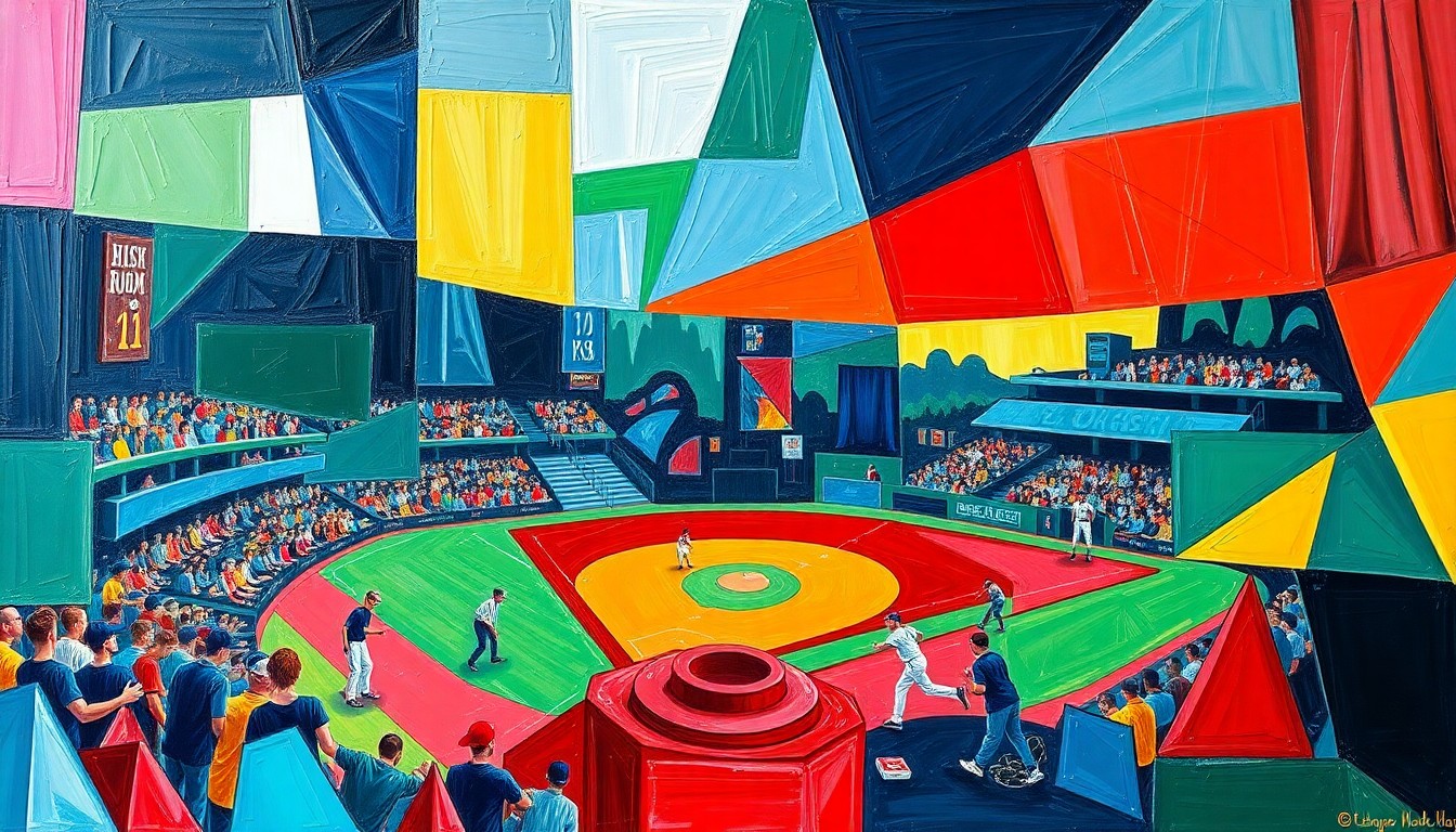 A cubist, geometric painting in shades of blue, green, and red, depicting the dynamic motion and energy of a high school baseball game.