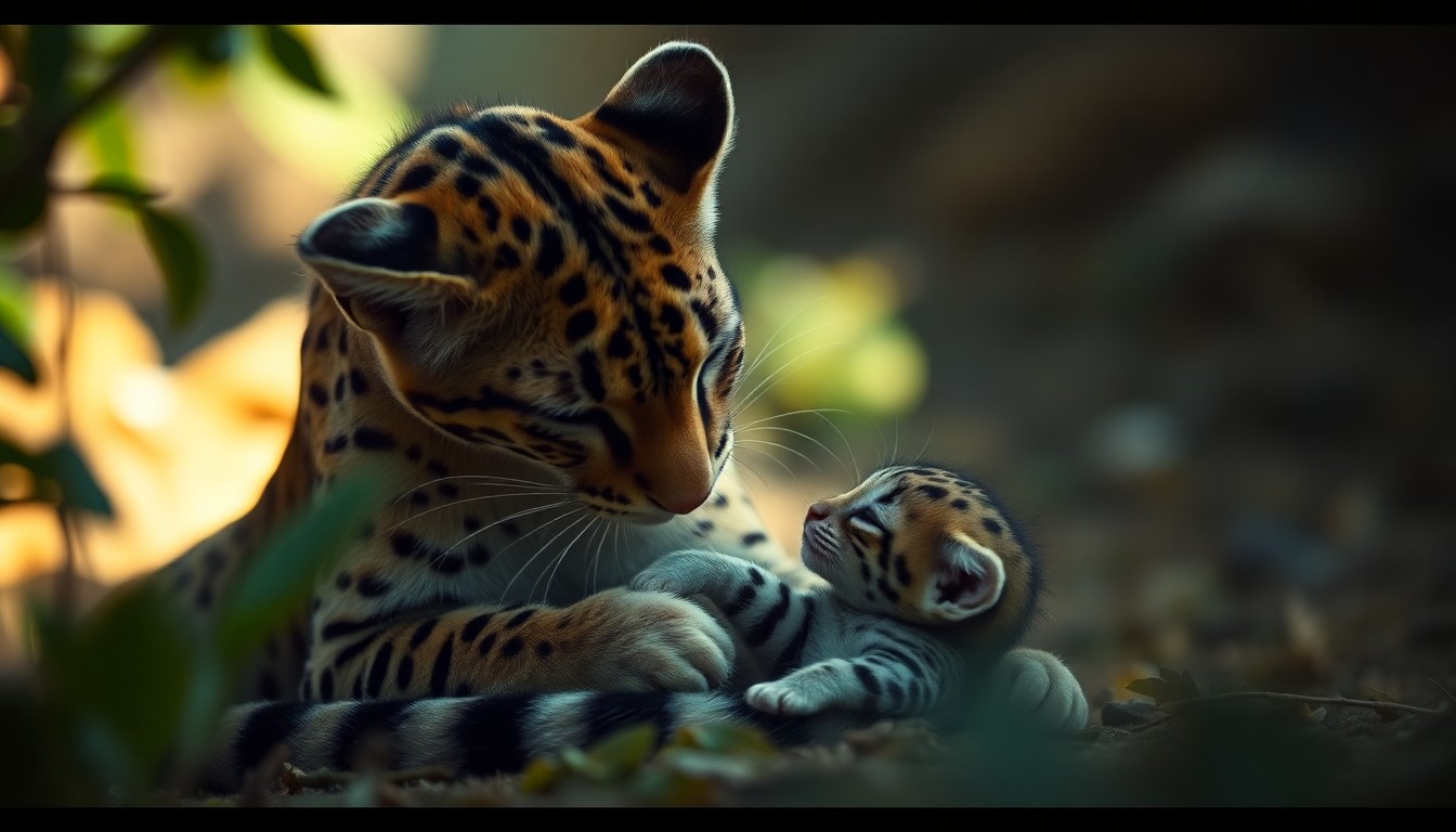 A softly focused, abstract photograph in warm tones depicting the gentle interaction between a mother ocelot and her newborn kitten, conceptually representing the successful breeding program at Elmwood Park Zoo.