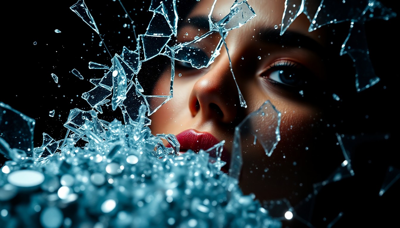An abstract close-up image of shattered glass and glittering sequins, captured in dramatic high-contrast studio lighting to conceptually represent the fragility of celebrity image and the distortion of truth in the digital age.