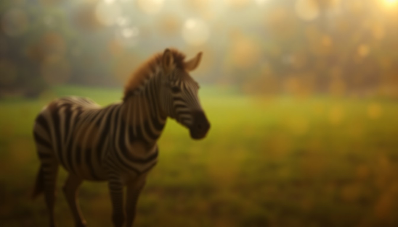 An impressionistic, out-of-focus photograph depicting the silhouette of a zebra in a lush, green enclosure, with warm, diffused pools of light and color creating a melancholic, elegiac mood.
