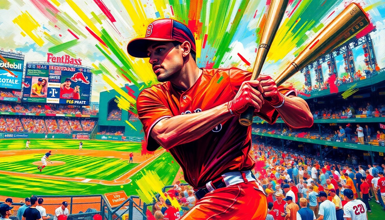 A dynamic, colorful painting with bold, expressive brushstrokes capturing the energy and emotion of a baseball player's first day in the major leagues, conceptually representing Tyler Uberstine's unlikely journey to the Red Sox.