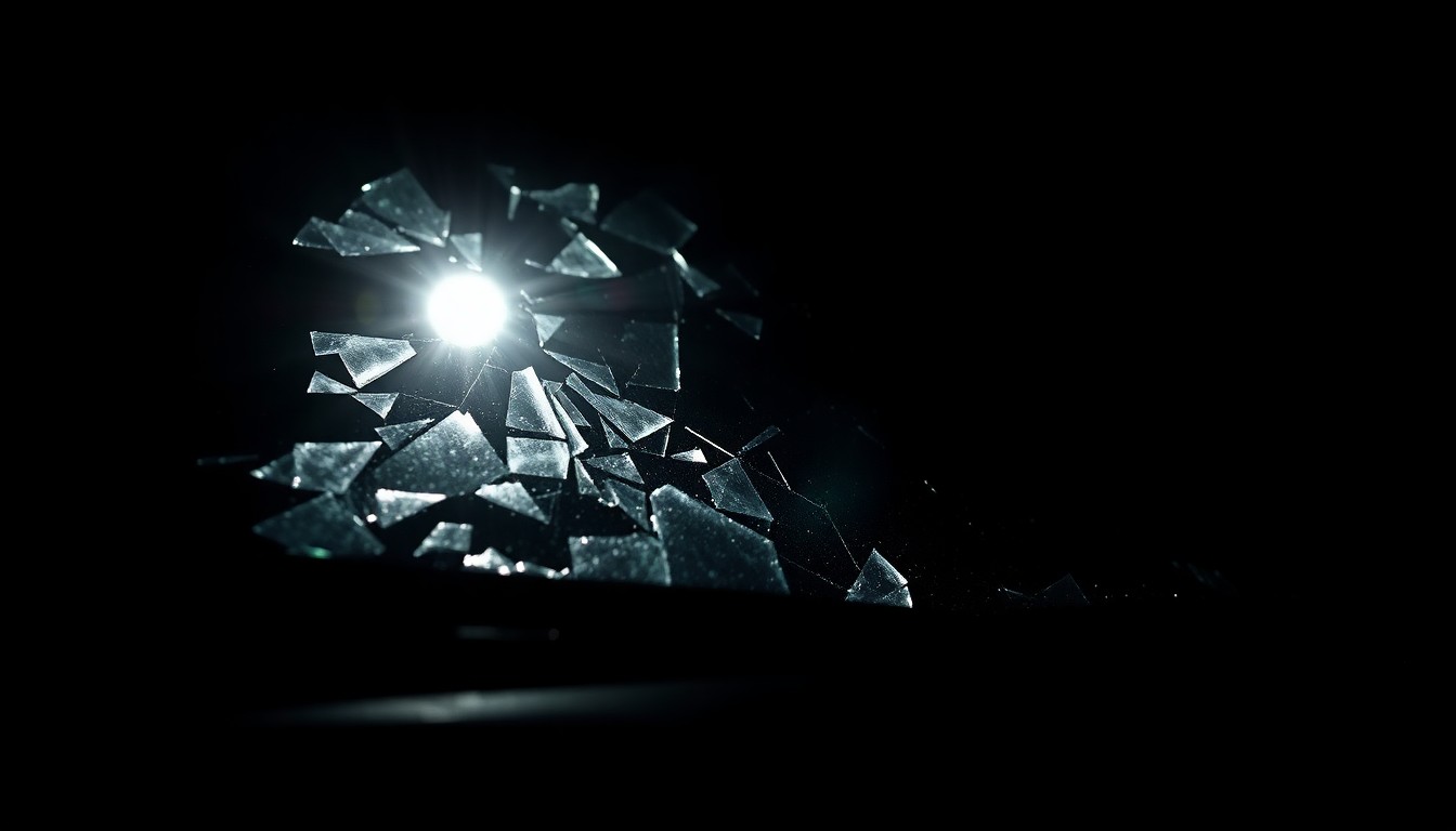 An extreme close-up photograph of a shattered car windshield or other damaged vehicle part, conceptually illustrating the aftermath of a serious traffic accident.
