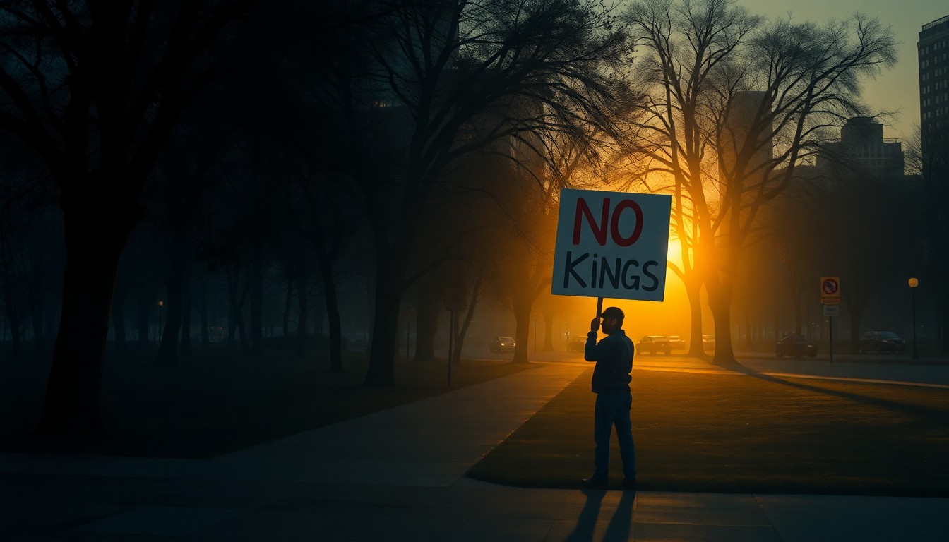 A cinematic painting of a lone protester holding a sign that reads 'No Kings' in a city park, bathed in warm, diagonal sunlight and deep shadows, capturing the quiet contemplation and civic engagement of the 'No Kings' movement.