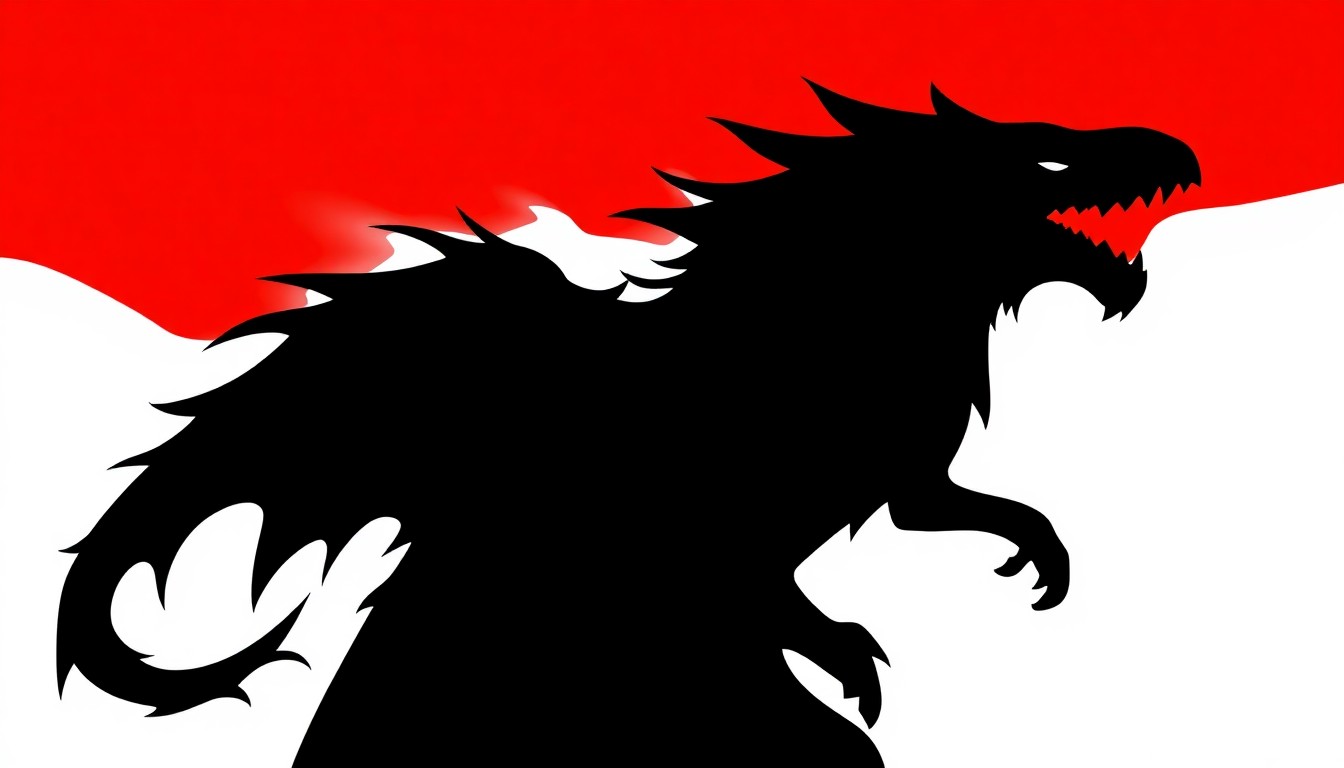 An abstract, minimalist illustration featuring bold, jagged black silhouettes of the band names Hevanx, Influx Weaver, and Foxlair set against a high-contrast background of bright red and white, conceptually representing the energy and activism of the MELT anti-ICE benefit concert.