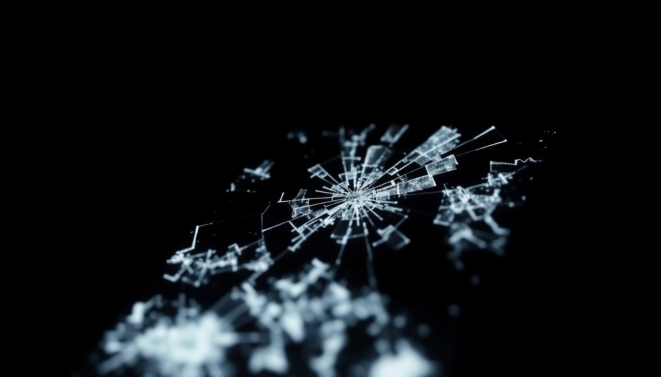 An extreme close-up photograph of a shattered smartphone screen against a pitch-black background, lit by a harsh camera flash, conceptually representing the dangers of distracted driving.