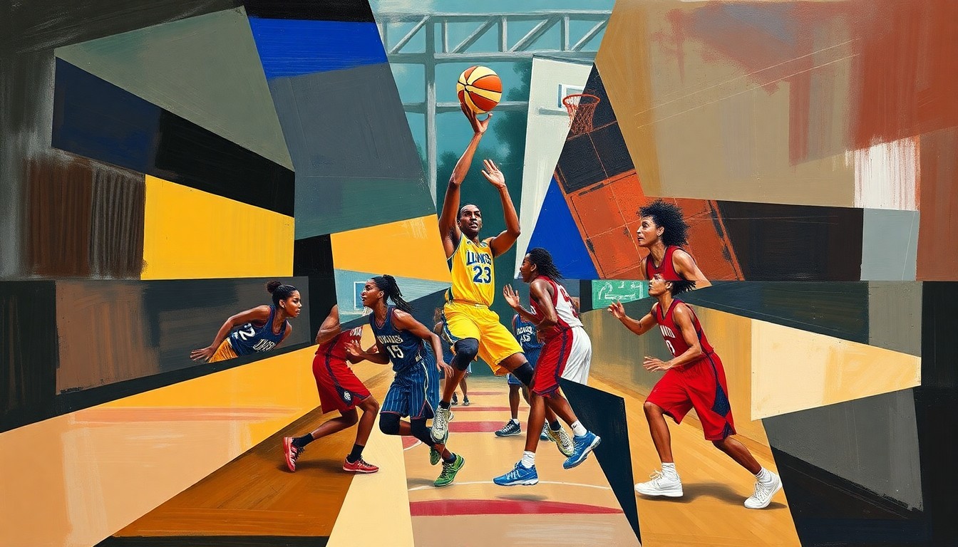 A cubist-style painting depicting fragmented, overlapping geometric shapes and planes in vibrant colors, representing the dynamic action and roster-building of a WNBA expansion draft.