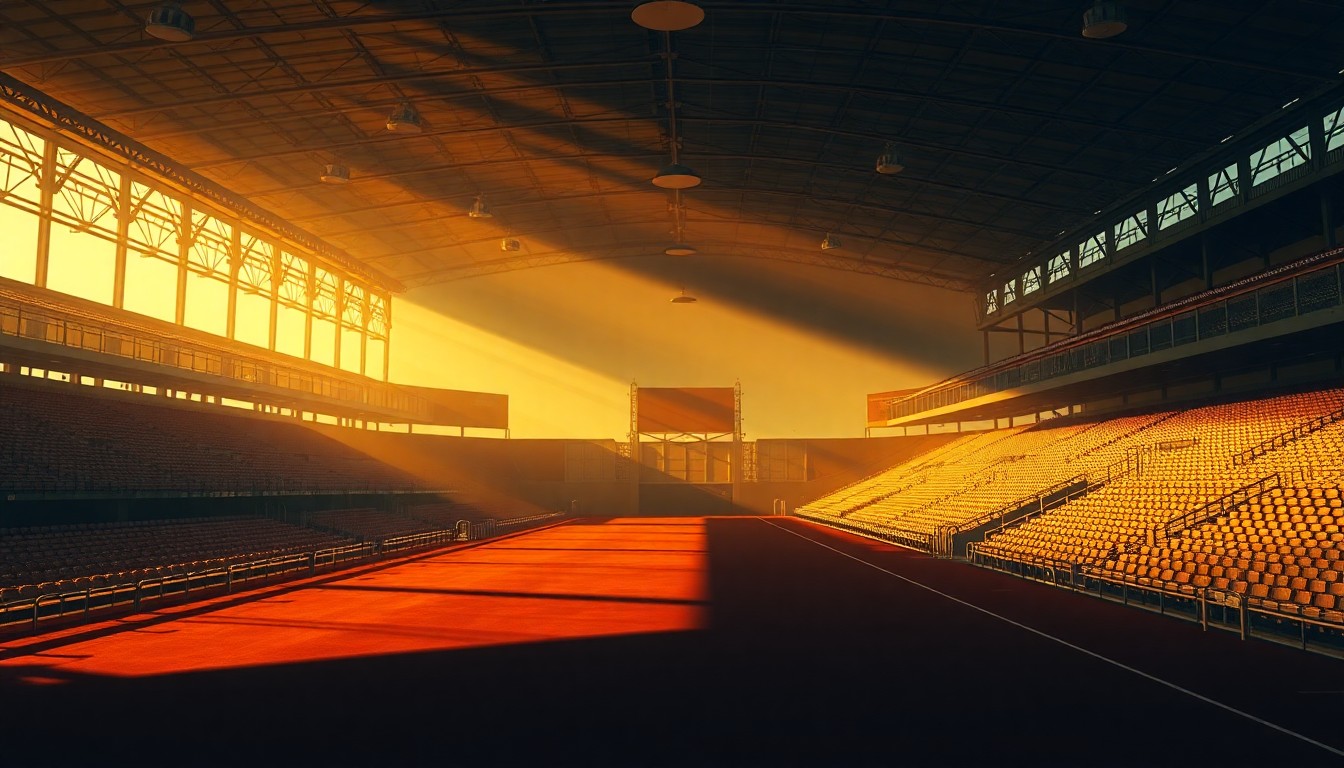 A cinematic painting of an empty baseball stadium concourse, with warm sunlight and deep shadows creating a melancholic, nostalgic mood that reflects the disconnect between a politician and their constituents.