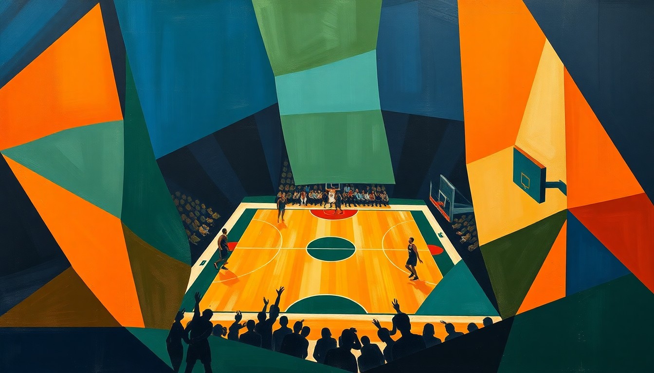 A cubist, geometric painting depicting a fragmented basketball game, with sharp planes of navy, green, and orange overlapping to create a dynamic, abstract composition.