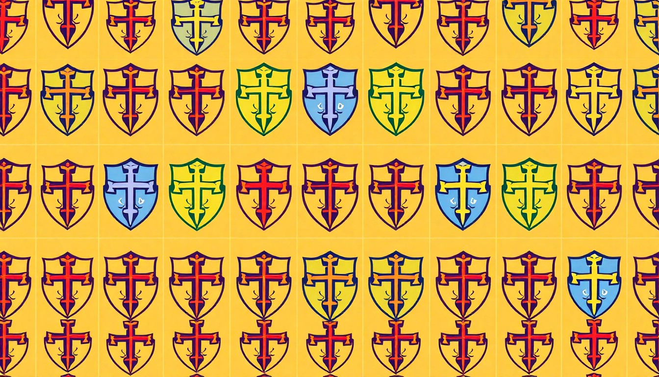 A boldly colored, abstract silkscreen print featuring a repeated pattern of a Catholic school crest or emblem, conceptually representing the leadership transition at Monsignor Kelly High School.