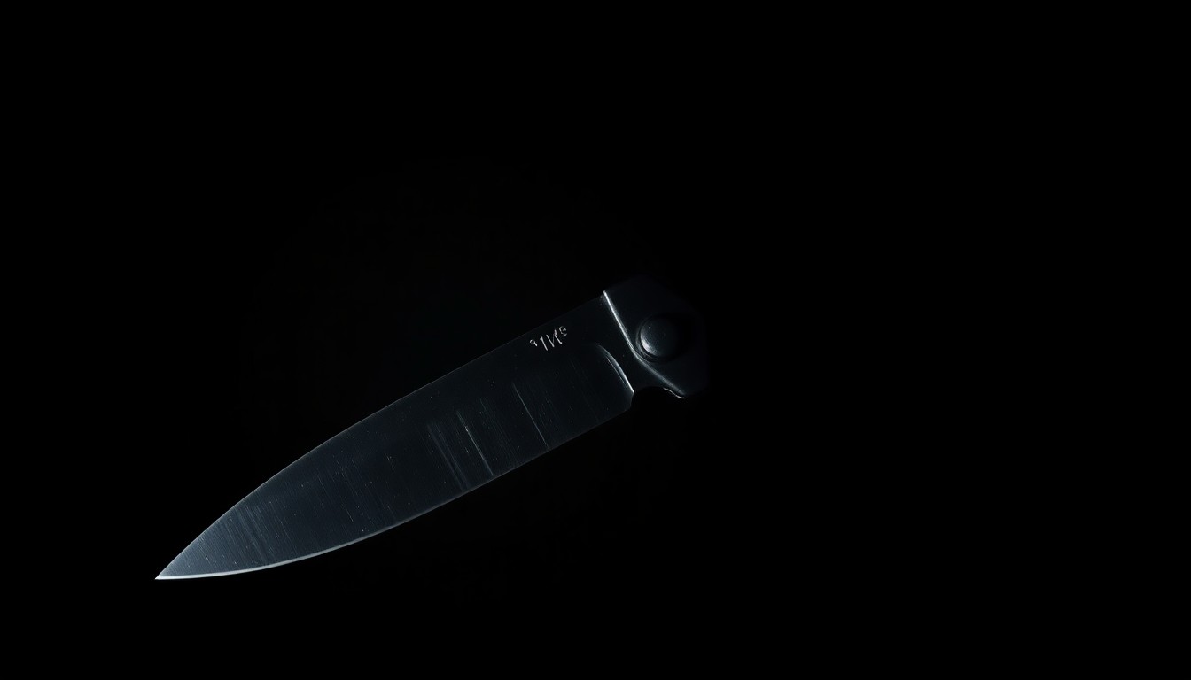 An extreme close-up of a pocketknife against a pitch-black background, lit by a harsh camera flash, conceptually representing the violent weapon used in the alleged crime.