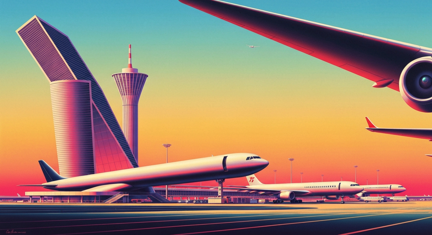 A bold, geometric illustration in the Art Deco style, featuring sweeping gradients and towering forced perspectives of airport architecture, capturing the streamlined forms and grand scale of air travel without any literal depictions of people or text.