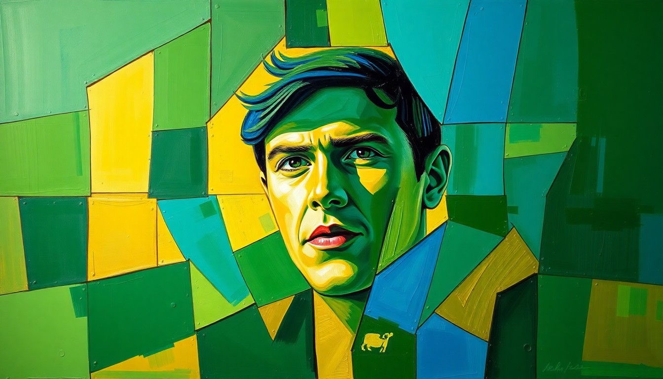 A cubist, geometric painting depicting the action and emotion of Rory McIlroy's 2025 Masters victory, with overlapping planes of color representing the drama and significance of his accomplishment.