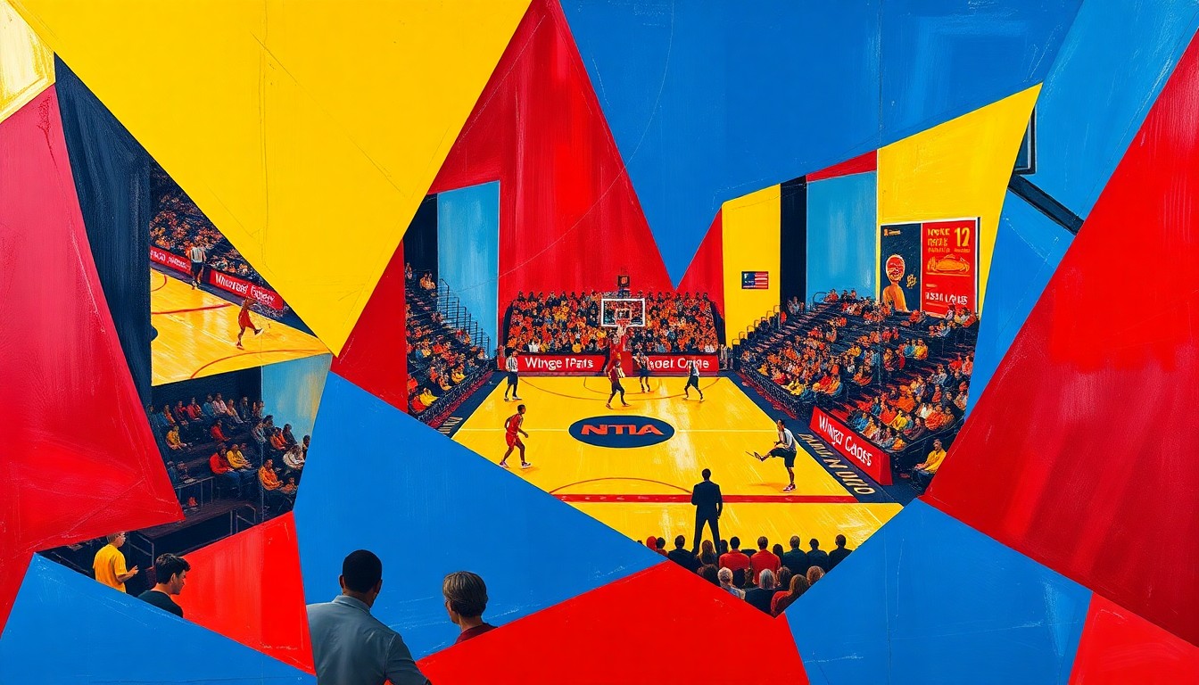 A fragmented, cubist-style painting depicting the dynamic movements and energy of a WNBA basketball game, with sharp geometric shapes in bold primary colors.