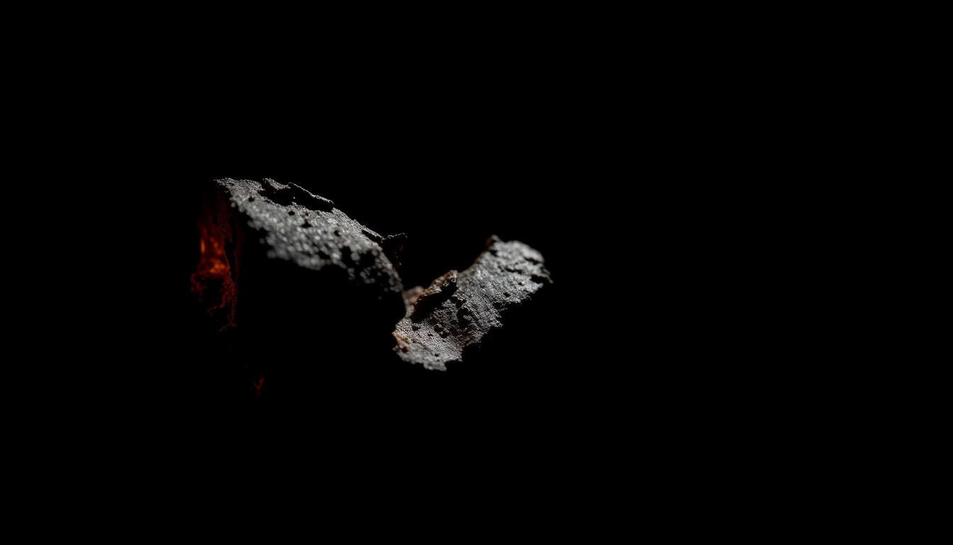 An extreme close-up photograph of a charred, twisted piece of metal debris from a fire, lit by a harsh, direct camera flash against a pitch-black background, conceptually illustrating the gritty aftermath of a suspected arson incident in Rockford.
