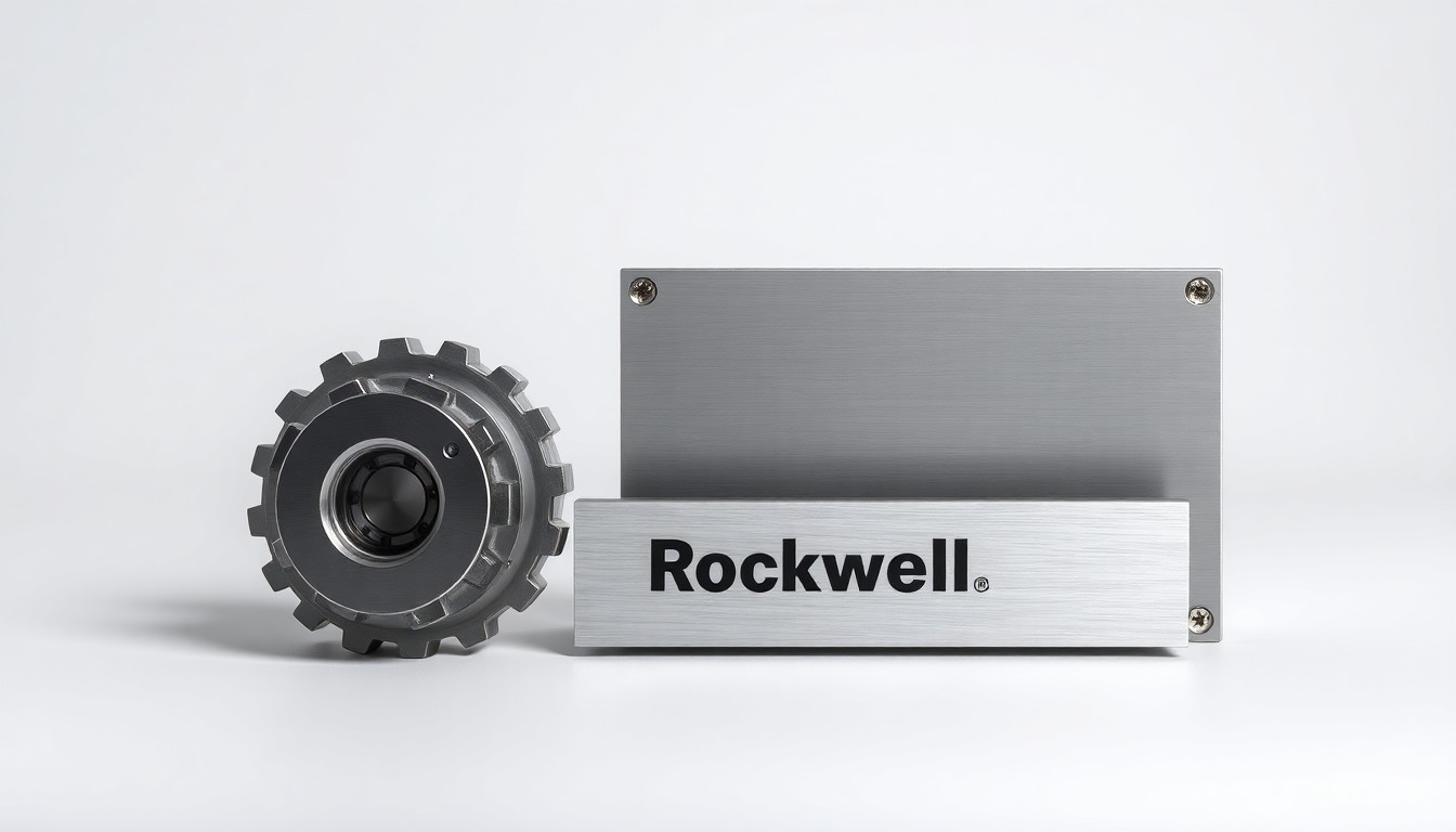 A minimalist studio still life photograph featuring polished metal gears, an industrial control panel, and a brushed aluminum nameplate, symbolizing the advanced industrial automation solutions offered by Rockwell Automation.