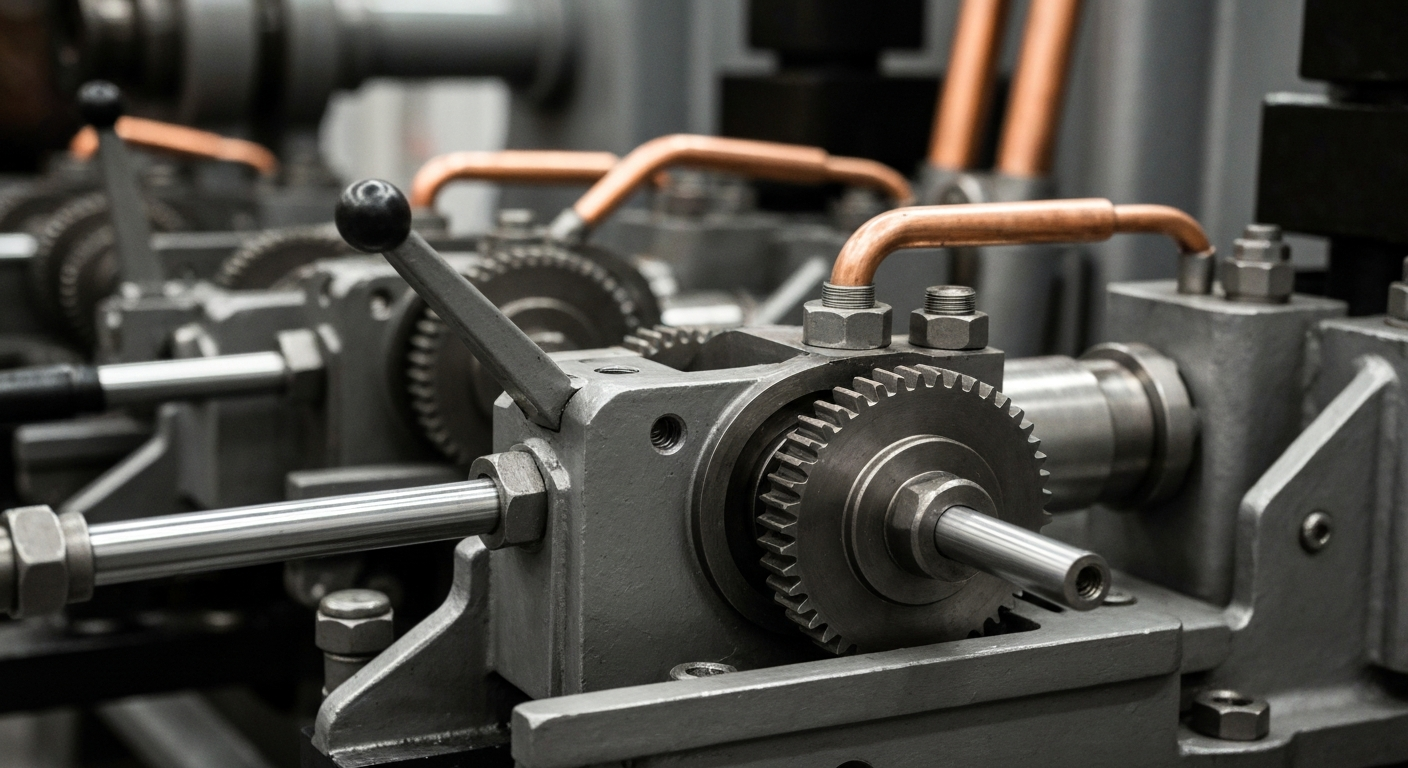 A cinematic close-up of the intricate gears, levers, and metal components that make up the inner workings of a large banking machine, conveying a sense of the complex financial infrastructure that underpins the stock market.