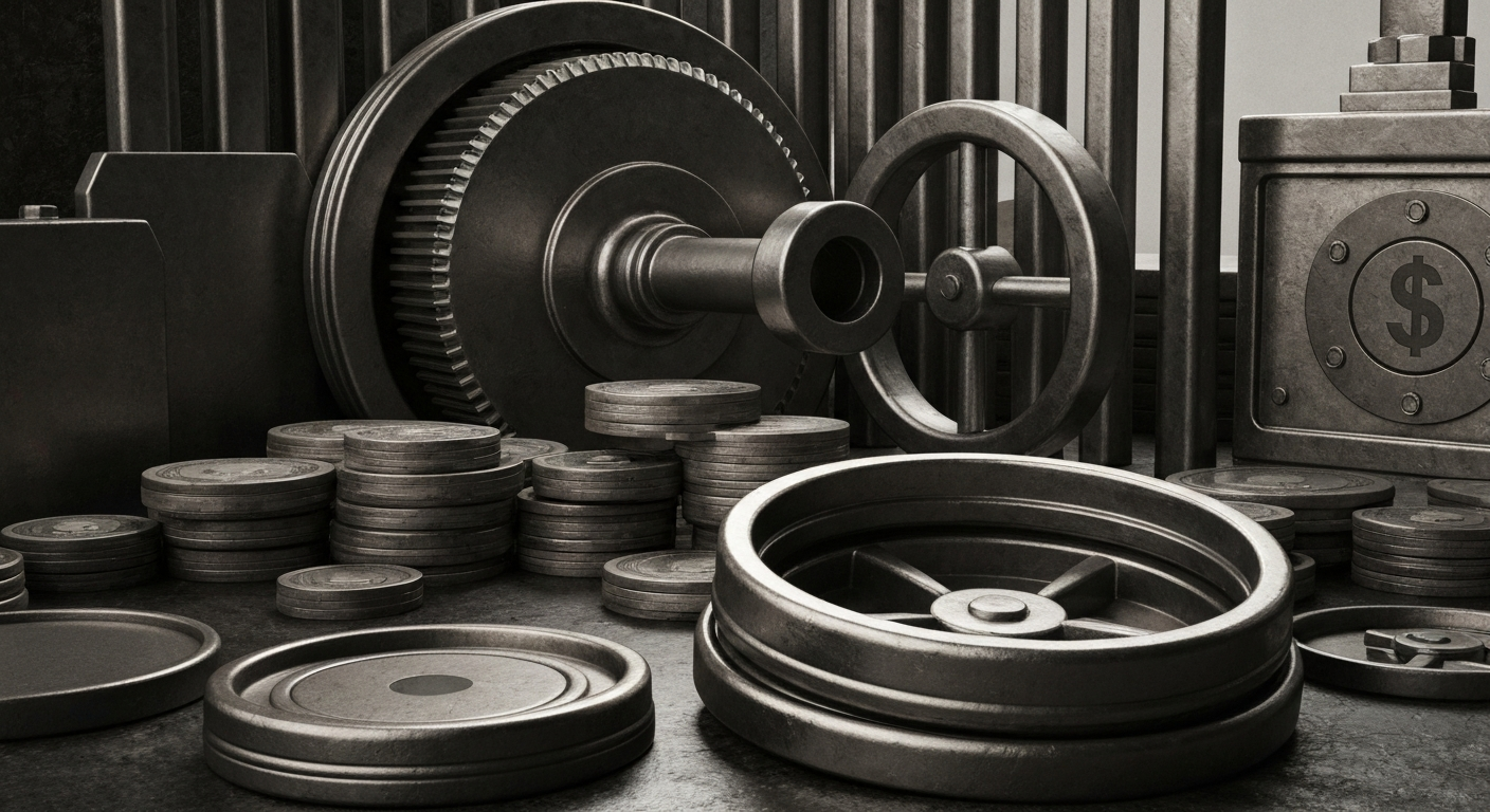 An extreme close-up of complex banking machinery and equipment, conveying a sense of institutional financial power and security without using literal currency or charts.