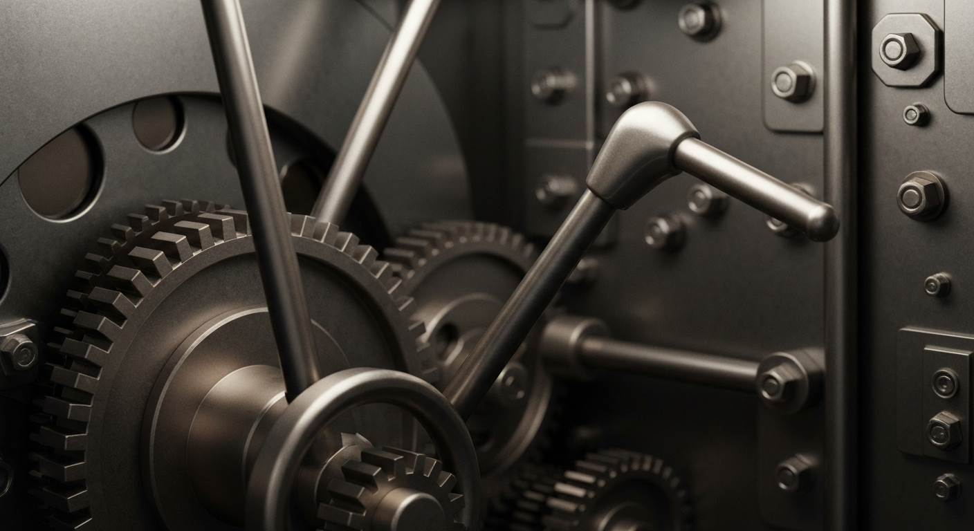 An extreme close-up of the intricate mechanical components of a bank vault, conveying the heavy, industrial nature of the financial systems that undergird major corporations like Alphabet.