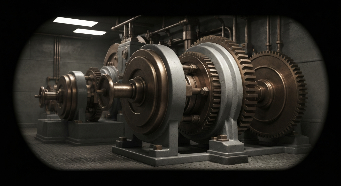 An extreme close-up of intricate, industrial banking mechanisms and components in shades of steel, bronze, and chrome, conceptually representing the complex financial transactions and infrastructure behind a major technology company.