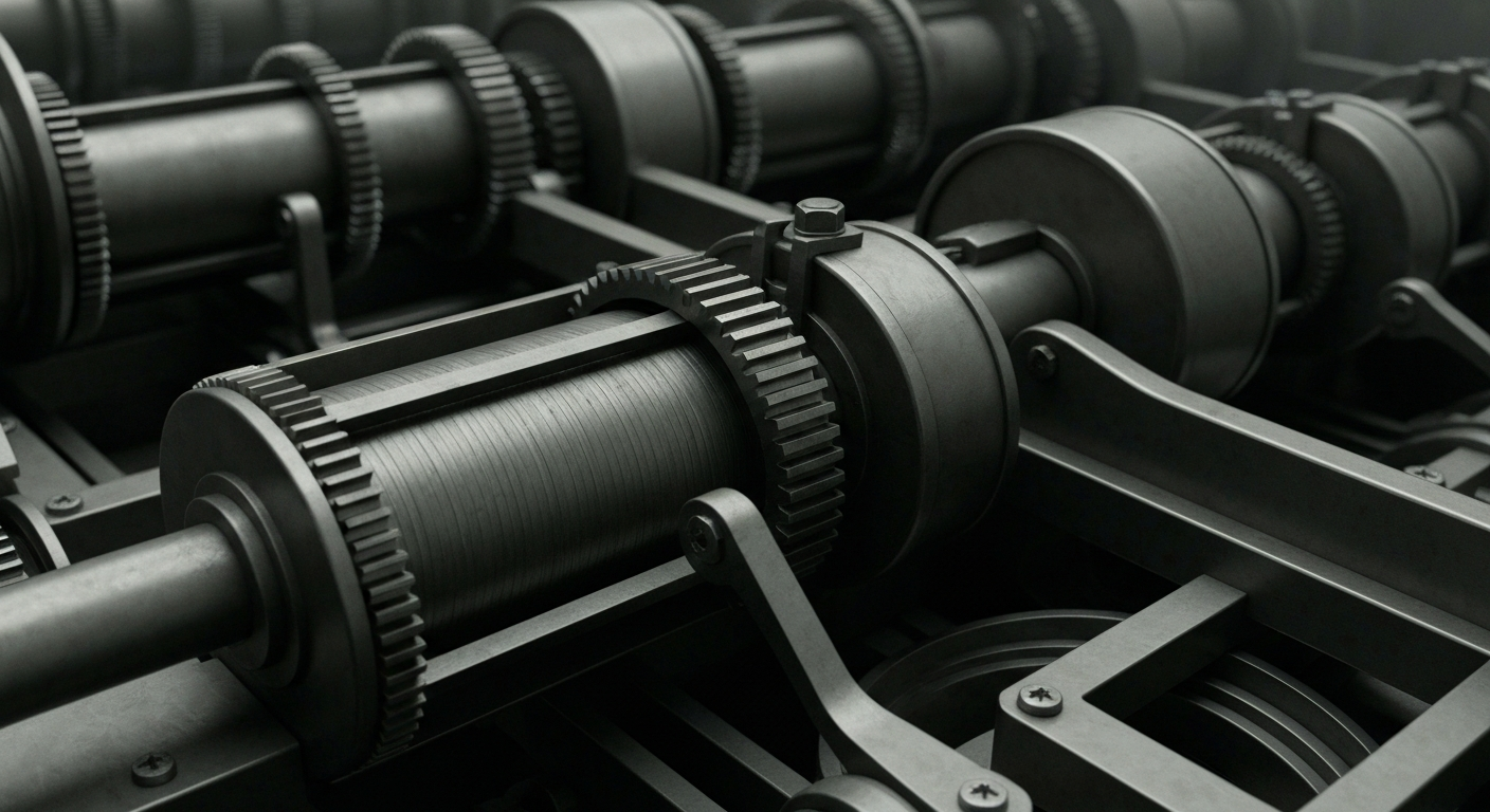 An extreme close-up of intricate, industrial-looking banking machinery and equipment, conveying a sense of the complex financial systems and infrastructure that underpin the banking industry.