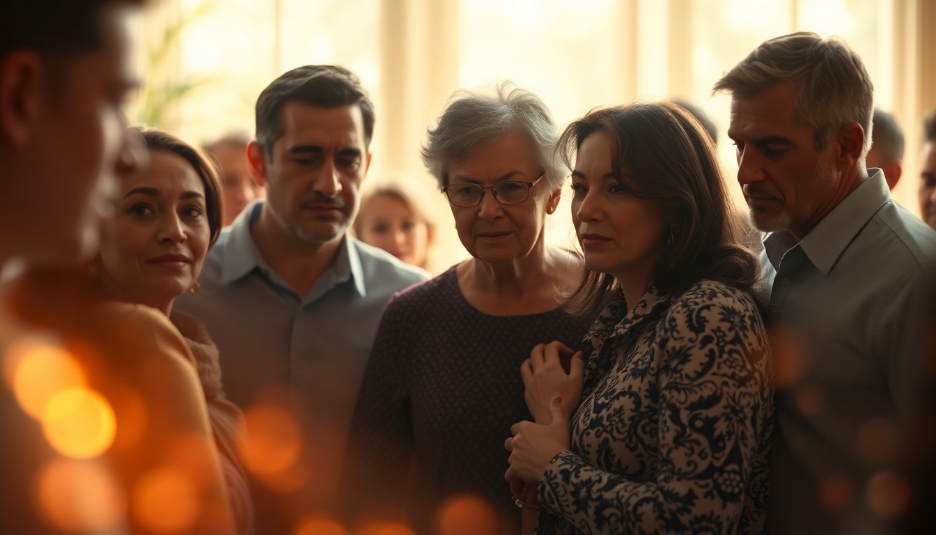 An extremely abstracted, out-of-focus photograph of a group of people gathered together, with soft, warm pools of light and color creating a sense of intimacy and emotion.