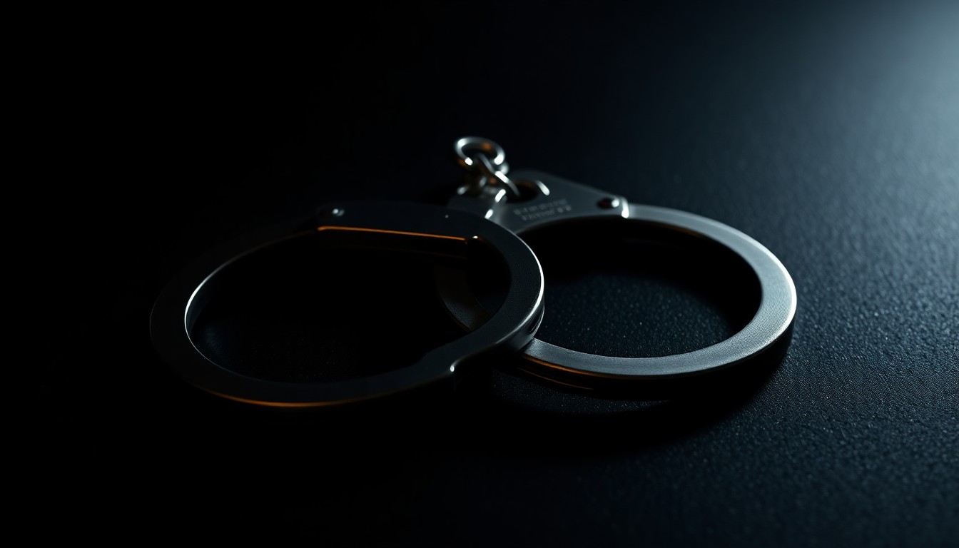 An extreme close-up photograph of a set of handcuffs on a dark surface, lit by a harsh, direct camera flash, conceptually illustrating the investigative nature of law enforcement work.