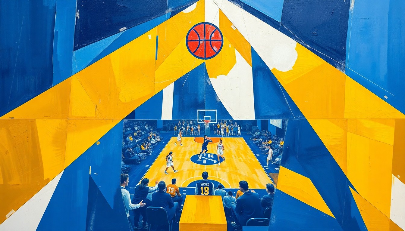 A cubist, geometric painting depicting the dynamic movements and energy of a women's basketball game, with sharp, overlapping planes of blue, gold, and white representing the KCKCC Blue Devils.
