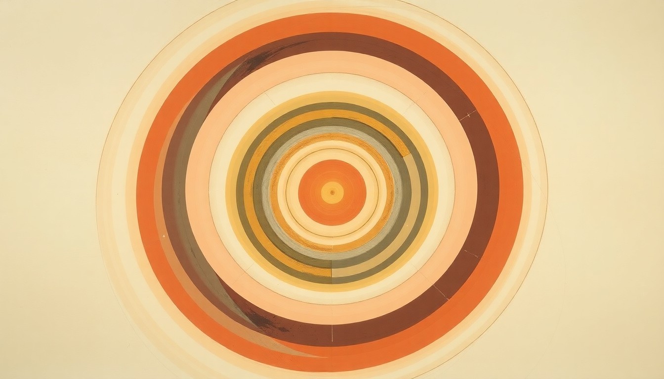 A highly structured abstract painting in soft, muted tones depicting sweeping geometric arcs, concentric circles, and precise botanical spirals, conceptually representing the complex scientific forces and mechanisms behind a new nanoparticle-based melanoma treatment.