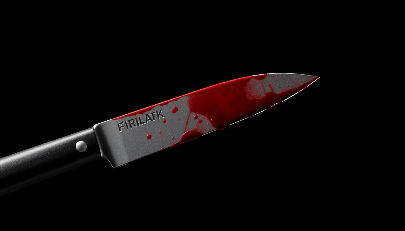 An extreme close-up of a bloodied knife, the harsh flash creating a stark, gritty image that conveys the violence of the crime without depicting any actual victims.