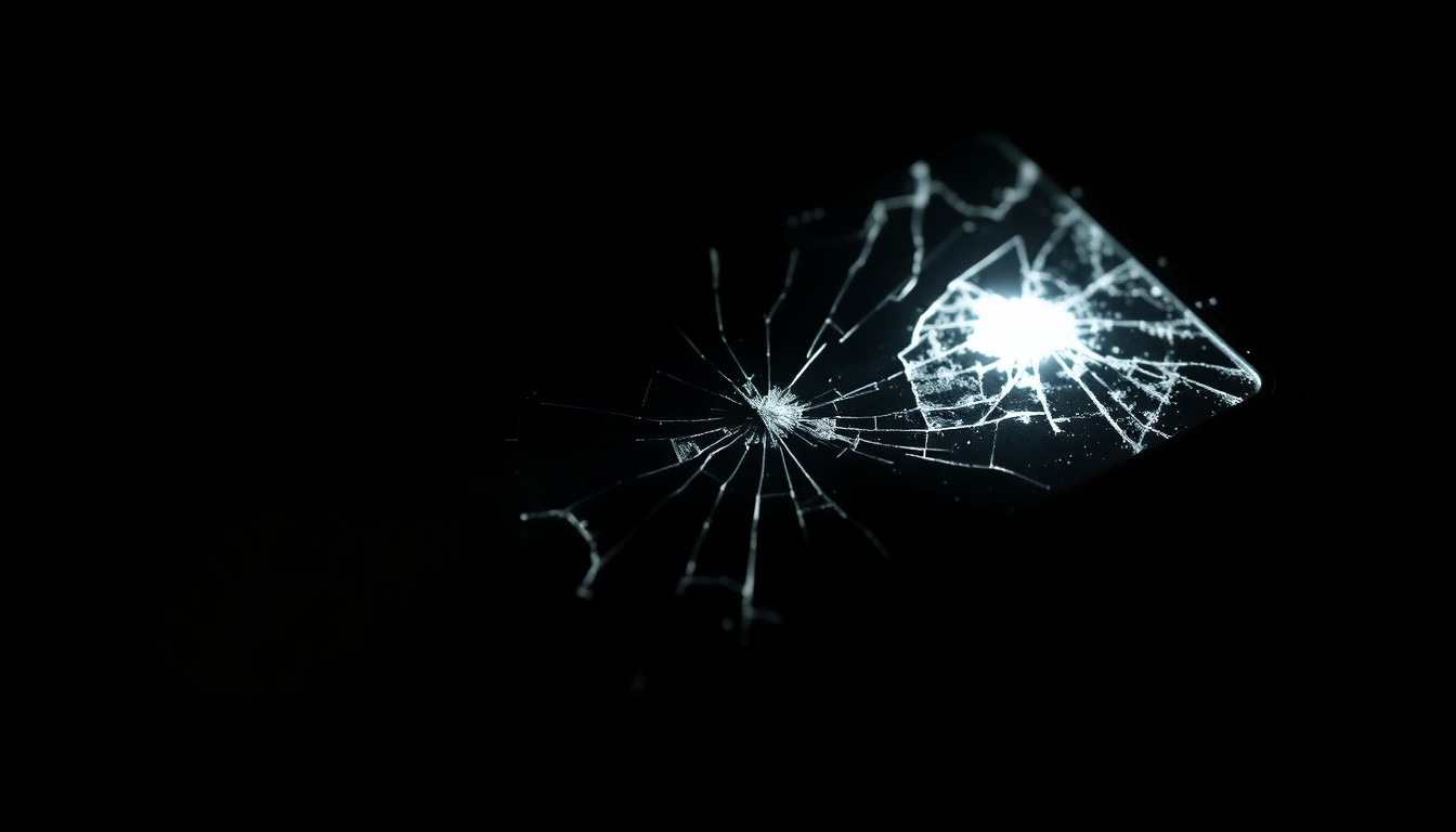 An extreme close-up photograph of a cracked and damaged cell phone screen, lit by a harsh, direct camera flash against a pitch-black background, conceptually representing the physical evidence collected by police following a domestic violence incident.