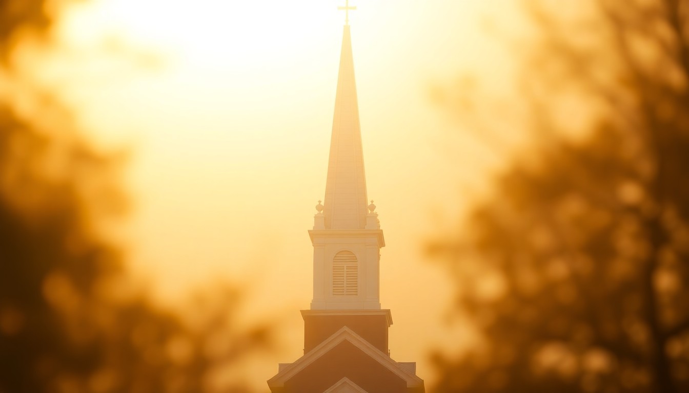 An extremely abstracted, out-of-focus photograph of a church steeple in warm, golden light, capturing the mood of a community coming together to restore a historic landmark.