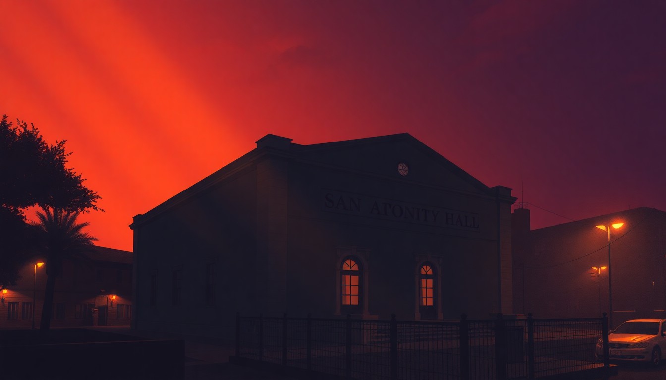 A serene, painterly image of the San Antonio City Hall building, with warm light and deep shadows creating a contemplative, nostalgic mood.