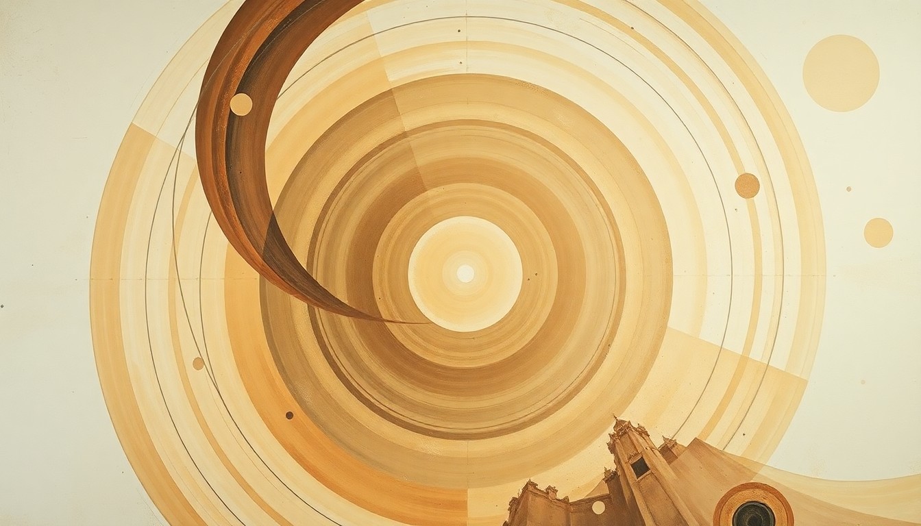 A highly textured, abstract painting in muted earth tones, featuring sweeping geometric shapes and intersecting waveforms, conceptually representing the complex scientific forces studied by the LIGO observatory.