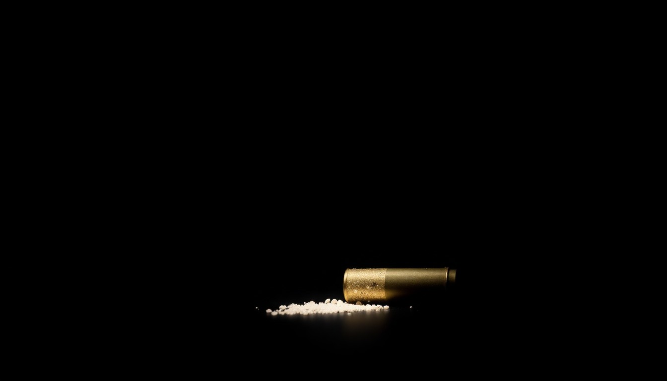 An extreme close-up photograph of a handgun magazine or spent shell casing, lit by a harsh, direct camera flash against a pitch-black background, conveying a stark, gritty, and investigative aesthetic.