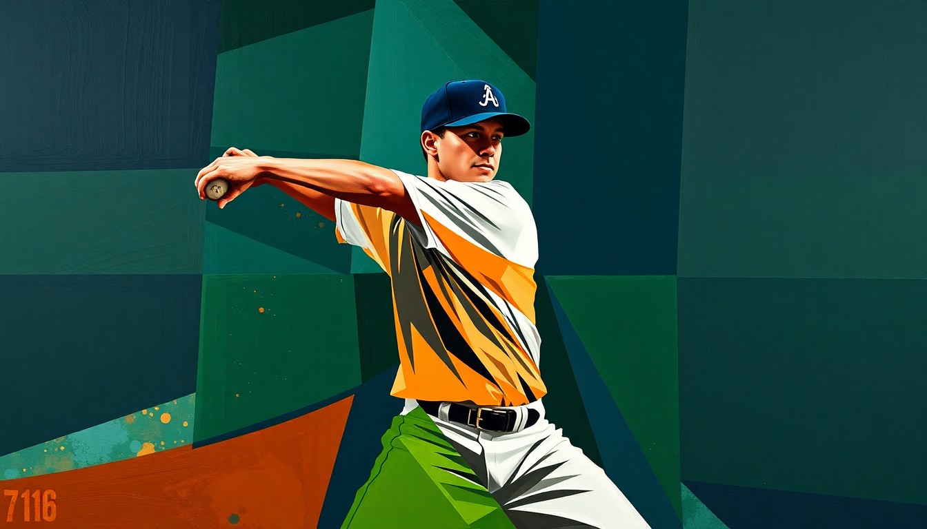 A fractured, multi-perspective painting depicting a baseball pitcher's windup and delivery broken down into sharp, overlapping geometric planes in a palette of deep navy, forest green, and burnt orange.
