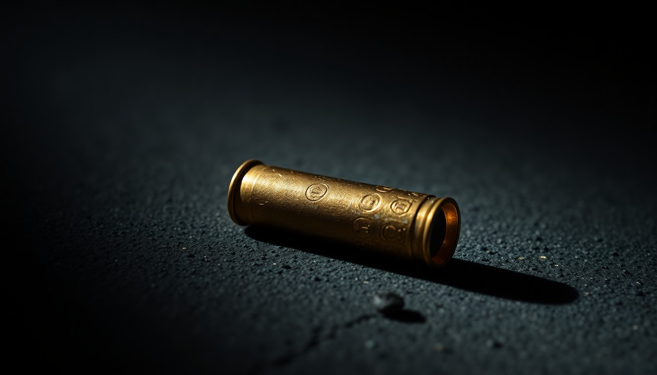 An extreme close-up photograph of a spent bullet casing on a dark concrete surface, the harsh flash creating dramatic shadows and highlights that convey a sense of the gritty, investigative nature of the crime scene.