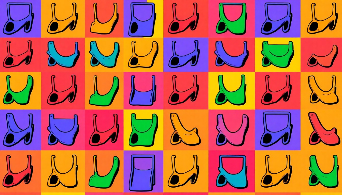 A brightly colored, high-contrast silkscreen print of a children's slide repeated in a tight grid pattern, using flat, unnatural neon colors and heavy black outlines to transform the everyday play object into modern pop art.