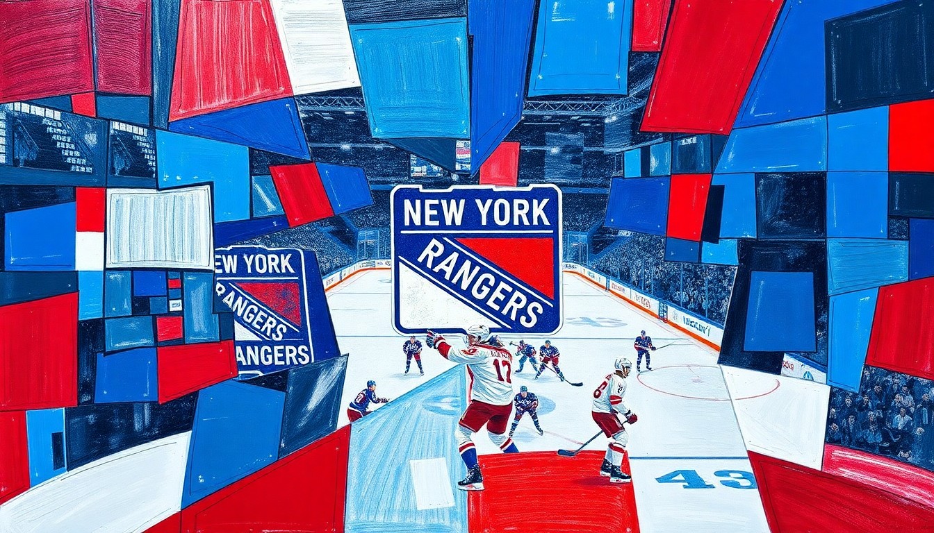 A cubist, geometric painting depicting a hockey game or match, with the players and action broken down into sharp, overlapping planes of color representing the New York Rangers and their opponent.
