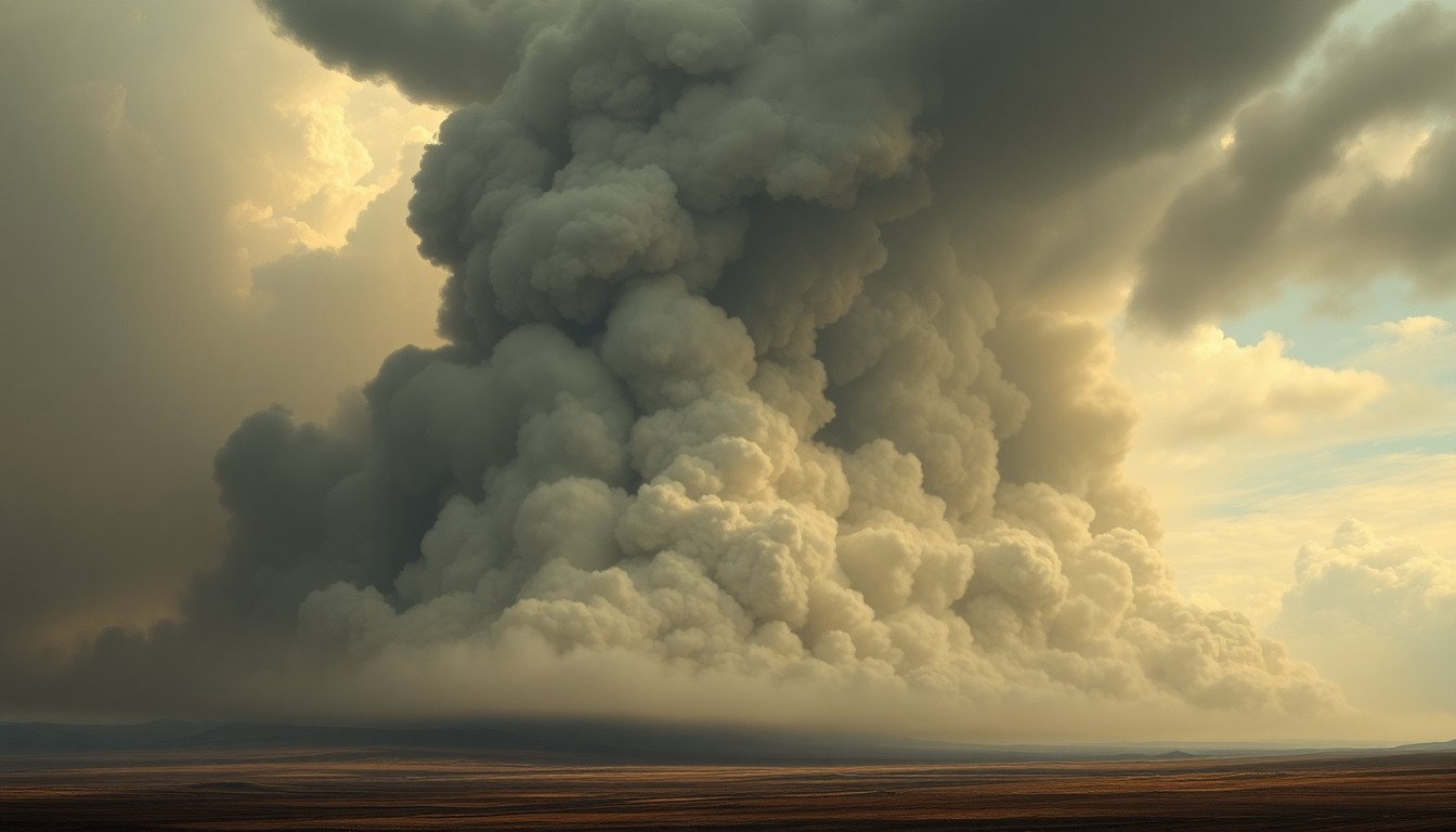 A sweeping, atmospheric landscape painting in muted earth tones, with a massive plume of dark smoke billowing across the horizon, conceptually representing the scale and power of a devastating wildfire.