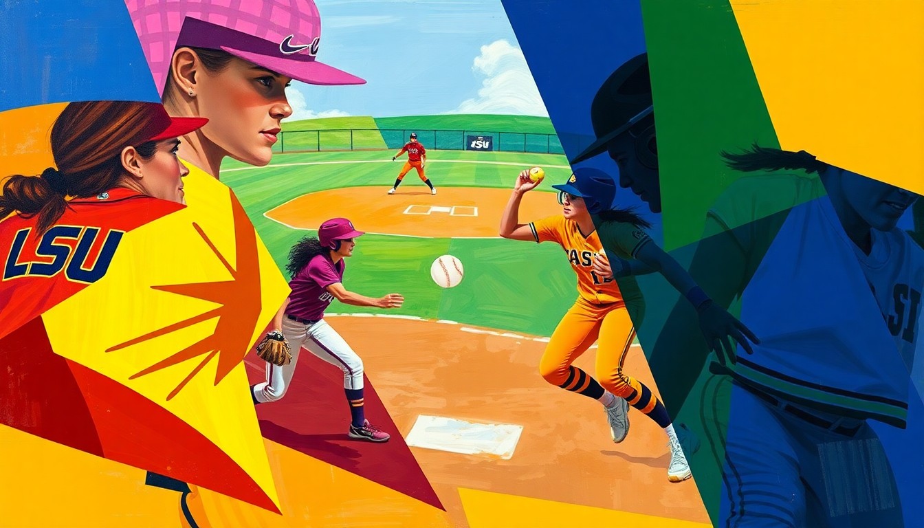 A cubist-style painting depicting a softball game, with the ball, players, and field broken down into sharp, overlapping geometric shapes and planes in vibrant colors representing the LSU and Missouri teams.